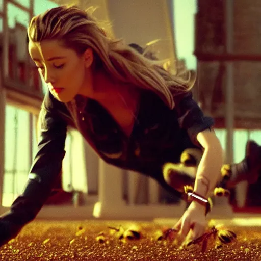 Image similar to ' amber heard'stepping on a bee, cinematic scene, clean composition, 8 mm