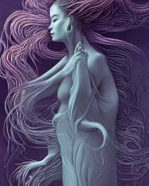 Image similar to a award winning illustration of a goddess formed by chinese flowing clouds by james jean, coated in nebula in the style of zdzisław beksinski / h. r. giger trending on artstation deviantart pinterest hyper detailed photorealistic highlights and shadow hd 8 k post - processing high resolution