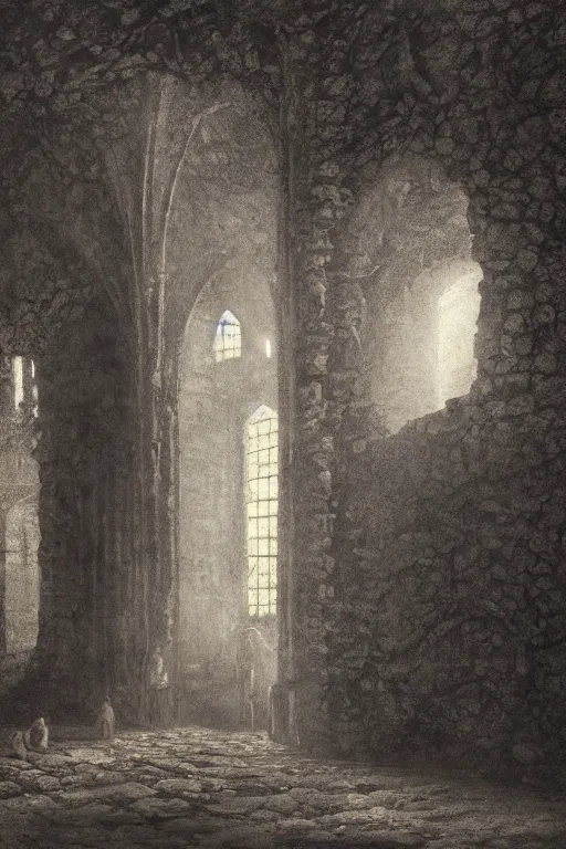 Prompt: baroque gothic woman lit by a single candle, inside a ruined abbey, gustave dore, 4 k resolution, concept art, mist, autumnal, chiaroscuro,