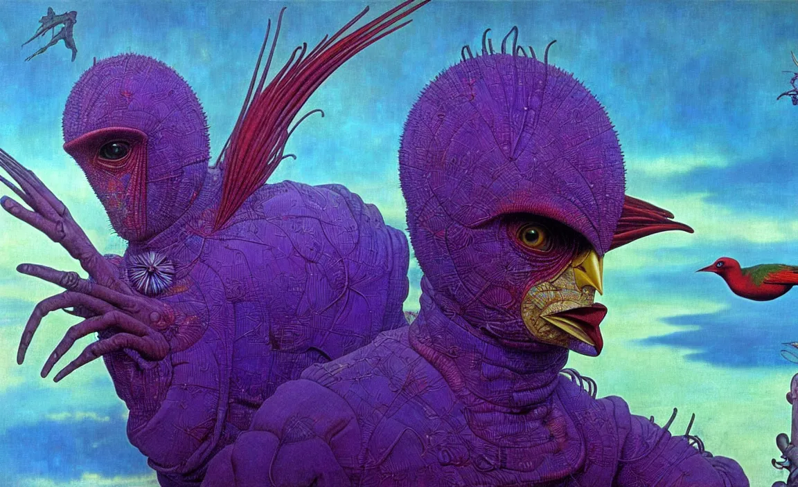 Prompt: realistic detailed portrait movie shot of a birdman wearing purple coat, sci fi city landscape background by denis villeneuve, amano, yves tanguy, alphonse mucha, ernst haeckel, max ernst, roger dean, masterpiece, rich moody colours, blue eyes, occult