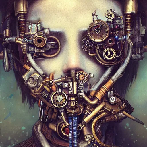 Prompt: portrait painting of a steampunk cyborg drug addict, transhumanism, ultra realistic, concept art, studio ghibli, intricate details, eerie highly detailed