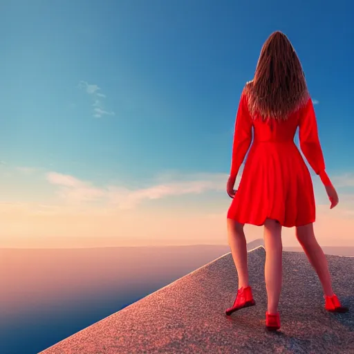 Prompt: a girl in a red dress climbing'' infinite stairs to heaven'' middle / top view, sunset light, cinematic image, hyperrealistic, 4 k
