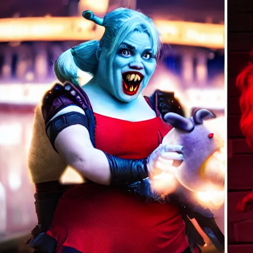 Image similar to Shrek as real-life Harley Quinn, cinematic, Wide-shot, atmospheric lighting, extreme detail, 8K, movie still