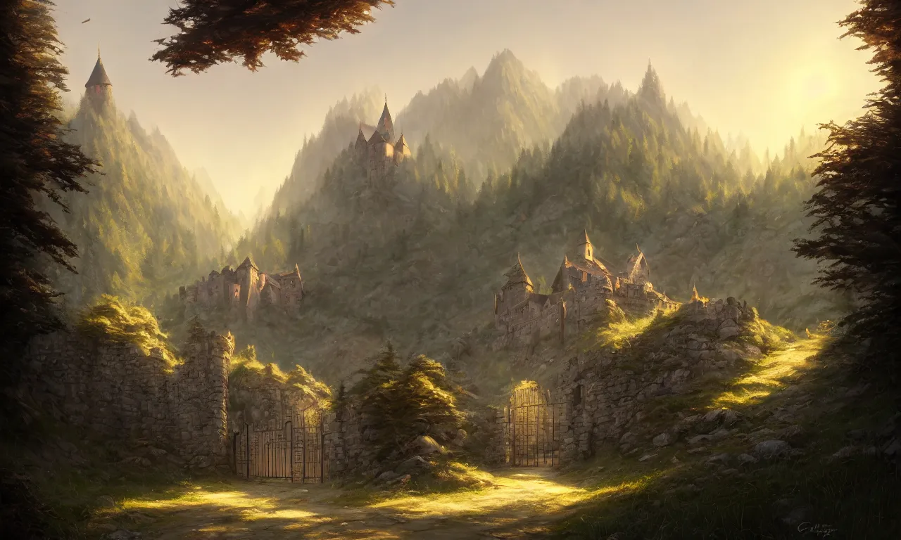 Prompt: digital painting of a small castle town closed off by large metal gate, border, behind a forest, large mountains in back, detailed, concept art, low angle, high detail, warm lighting, volumetric, godrays, vivid, beautiful, trending on artstation, by Jordan grimmer, no focus, huge scene, grass, art greg rutkowski and alphonse mucha