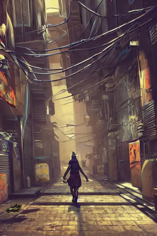 Image similar to stray cat walking through the alleys of a cyberpunk city, realistic, cinematic, ambient, unreal engine