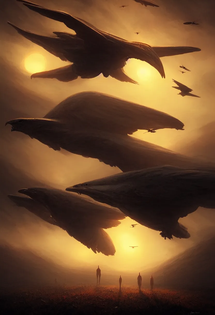 Prompt: strange alien birds flying up, autumn sunset, ultra high definition, ultra detailed, symmetry, fog, matte painting, by greg rutkowski and ross tran and wlop