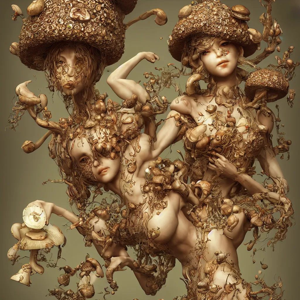 Prompt: mushroom goddess, extremely detailed, epic, 3D render, digital art, artstation, 8K artistic photography, photo-realistic, by Hiroya Oku and James Jean