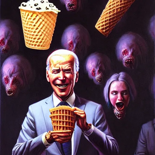 Prompt: epic Joe Biden eats waffle cone ice cream in pandemonium, demons and souls, portrait, art by Wayne Barlowe, oil on canvas