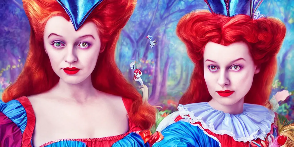 Image similar to The Queen Of Hearts, Alice in wonderland, colorful, wide angle, super highly detailed, professional digital painting, artstation, concept art, smooth, sharp focus, no blur, no dof, extreme illustration, Unreal Engine 5, Photorealism, HD quality, 8k resolution, cinema 4d, 3D, beautiful, cinematic, art by artgerm and greg rutkowski and alphonse mucha and loish and WLOP