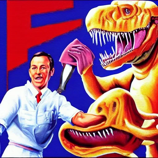 Prompt: beautiful lifelike painting of retro snes game starring gene kelly demanding a refund on undercooked overpriced dinosaur steak in downtown dive bar bistro, hyperreal detailed facial features and uv lighting, retro bitmap pixel art painting