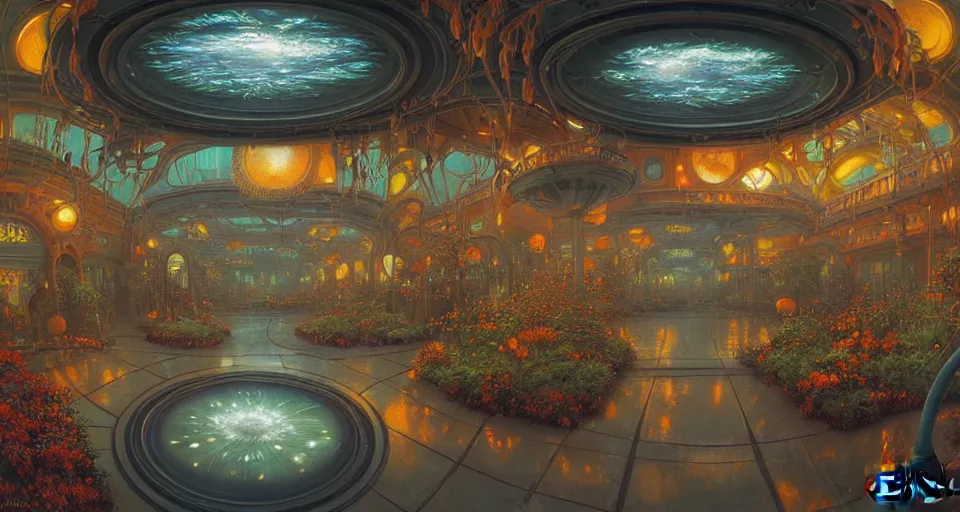 Image similar to fish eye lens a bright minimalist bioluminescent oil painting by donato giancola, warm coloured, cinematic scifi luxurious futuristic foggy steam filled victorian garden mall interior with microscopy radial windows flowers growing out of pretty bulbous ceramic fountains, gigantic pillars and flowers, maschinen krieger, beeple, star trek, star wars, ilm, atmospheric perspective