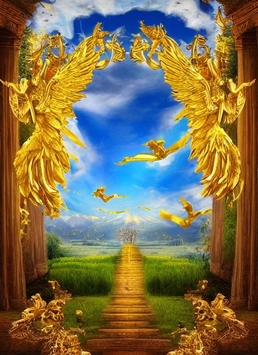 Prompt: Fine Art photo landscape, gates of heaven, golden kingdom, Flying angels, photorealism, 8k