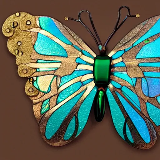 Prompt: a steampunk style butterfly with wings made from translucent stained glass and a delicate gold polished metal frame