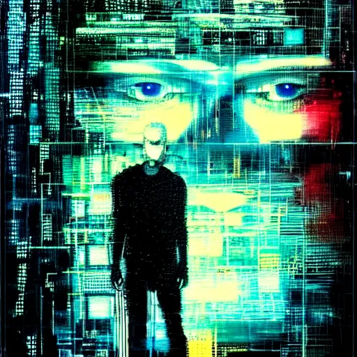 Prompt: hyperrealistic portrait of a mysterious cyberpunk man with cybernetics, by Guy Denning, Johannes Itten, Russ Mills, glitch art, hacking effects, glitch effects, digital tech effects, cybernetics, detailed lines, holographic, chromatic, color blocking!, oil on canvas, octane, concept art, abstract, blue and black, 8k, trending on artstation