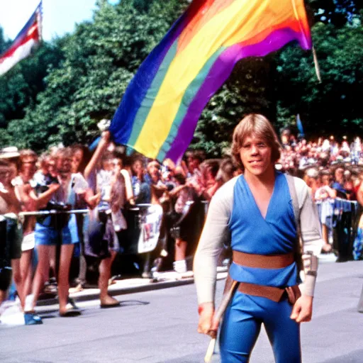 Image similar to rotj luke skywalker goes to pride, getty images, victorious, flags, parade, gay rights, bright smiles, daylight, twenty three year old luke skywalker at gay pride, 3 5 mm photography, played by young mark hamill, very happy, smiling