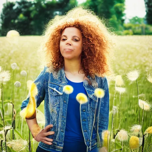 Image similar to a portrait of a beautiful 3 5 year old racially ambiguous woman, curly blond hair, standing in a field of soft focus dandelion flowers on a lovely spring day