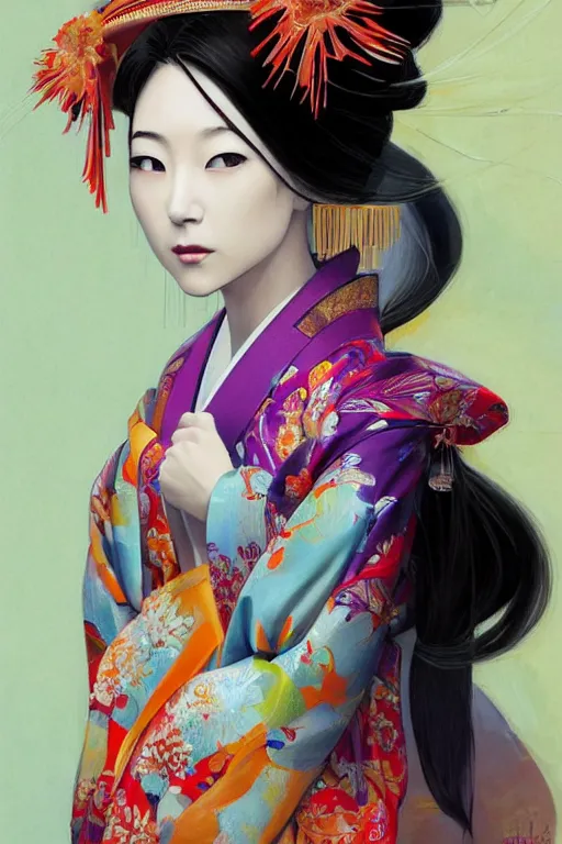 Prompt: a professional painting of a gorgeous Japanese Geisha girl, in brightly colored kimono, long dark hair, beautiful bone structure, symmetrical facial features, intricate, elegant, digital painting, concept art, smooth, sharp focus, illustration, from StarCraft by Ruan Jia and Mandy Jurgens and Artgerm and William-Adolphe Bouguerea, epic, stunning, gorgeous, intricate detail, much wow, 4K, masterpiece, trending on artstation