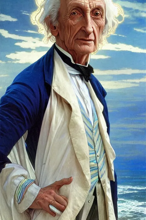 Image similar to the first doctor, william hartnel on a beach, wearing a blue shirt with horizontal rainbow stripe, the ocean in the background, swirling colourful stars in the background, art by artgerm and greg rutkowski and alphonse mucha