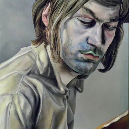 Image similar to high quality high detail painting by lucian freud, hd, portrait of kurt cobain