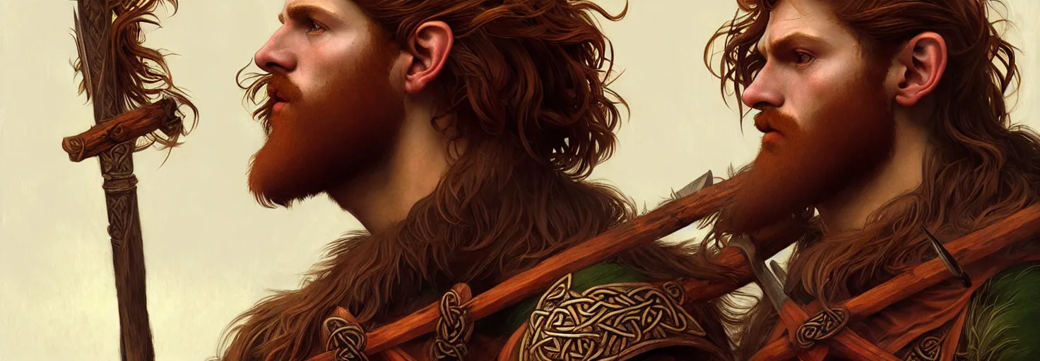 Image similar to renaissance upper body portrait of a gruff ranger with a spear, red haired celtic, lean and toned, handsome face, hairy chest, D&D, intricate, elegant, highly detailed, digital painting, artstation, concept art, matte, sharp focus, illustration, art by da Vinci, Artgerm and Greg Rutkowski and Alphonse Mucha