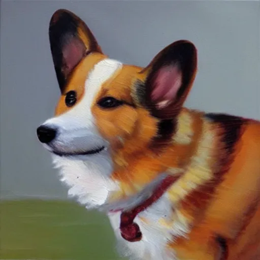 Prompt: expressive oil painting of corgi dog with a old telephone line calling