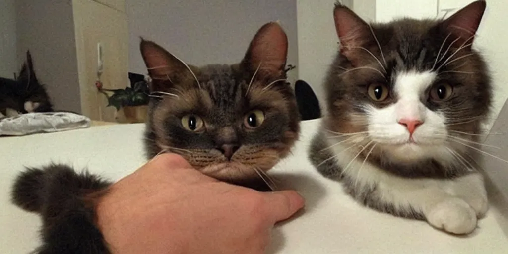 Image similar to one day a very serious cat met a very silly cat, the results were unexpected and hilarious