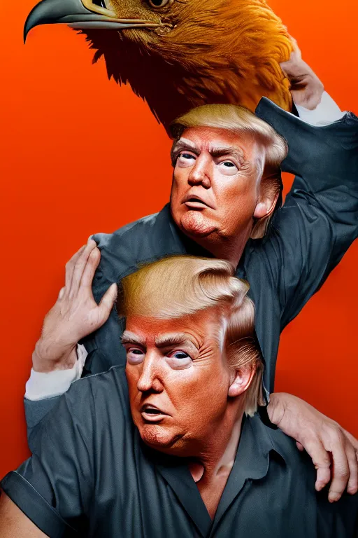 Image similar to Close-up portrait of Donald Trump in jail wearing orange clothes with an American bald eagle attacking him, octane, dramatic lighting, editorial photo, 35mm, very detailed