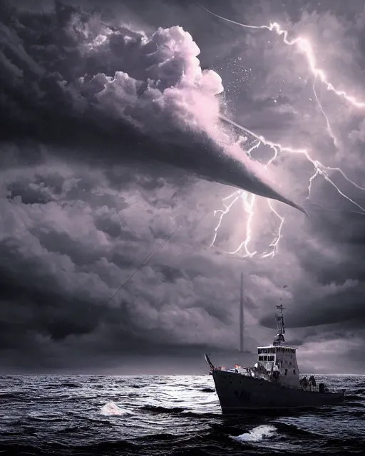 Prompt: a fishing boat on stormy seas, a gigantic star destroyer spaceship flying overhead, the spaceship is ready to fire, the gigantic star destroyer spaceship is emerging from storm clouds, sunset lighting, stormy weather, dramatic lighting, unreal engine, hyper realism, realistic shading, cinematic composition, realistic render, octane render, detailed textures, photorealistic, ultrawide shot, 1 6 mm lens