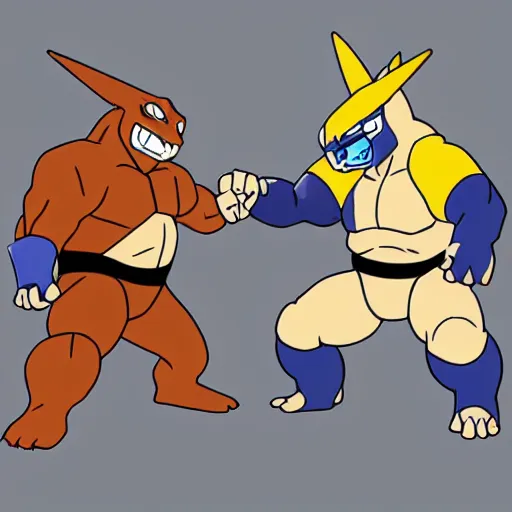 Image similar to blastoise punching charizard in the face wrestling ring in the style of chibi tetsuya