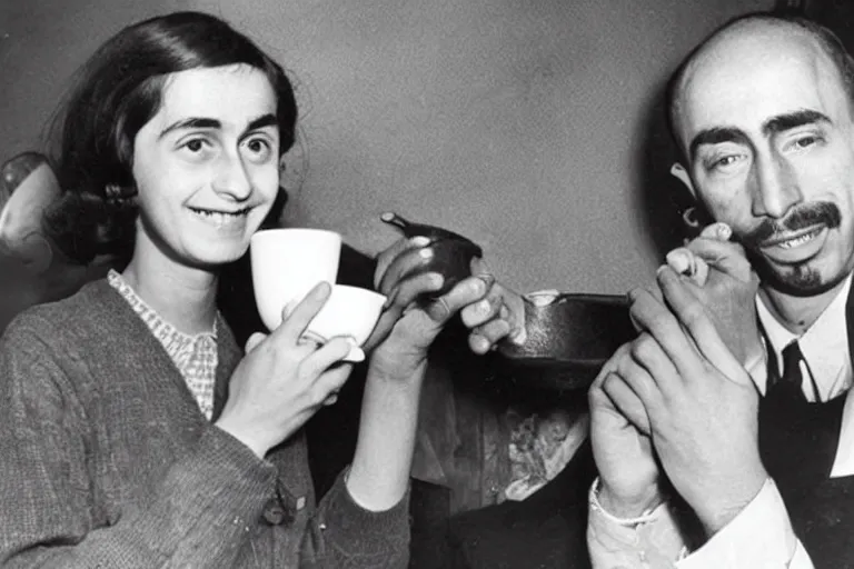 Image similar to anne frank and tupac shakur drinking coffee