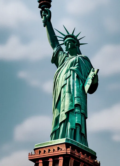 Image similar to red version of the statue of liberty holding a green torch with new york in the backround, new york, hd, statue of liberty, daytime, 4 k, octane render, ultra detail