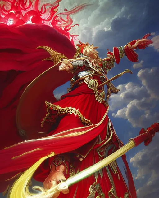 Prompt: A Full View of a Red Mage wearing red white and gold striped magical shining Conquistador armor and a feathered hat holding a staff of power with a gemstone topper surrounded by an epic cloudscape. Magus. Red Wizard. masterpiece. 4k digital illustration. by Ruan Jia and Artgerm and Andreas Rocha and William-Adolphe Bouguereau and Edmund Blair Leighton, award winning, Artstation, intricate details, realistic, Hyperdetailed, 8k resolution