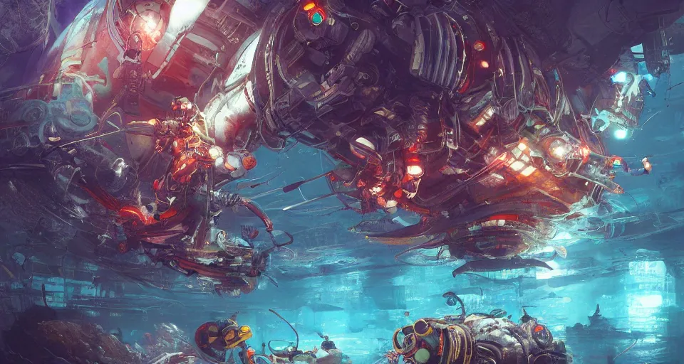 Image similar to cyberpunk sealife fighting underwater, deep sea, organic, mariana trench, midnight zone, bubbles, hyper realistic, hyper detailed, digital art, trending in artstation, studio quality, photorealistic, photo, by jesper ejsing, wlop, paul lehr