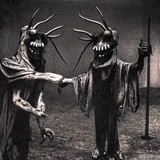 Prompt: two demons shaking hands and looking at the camera, dark, nightmare fuel, scary, horror,