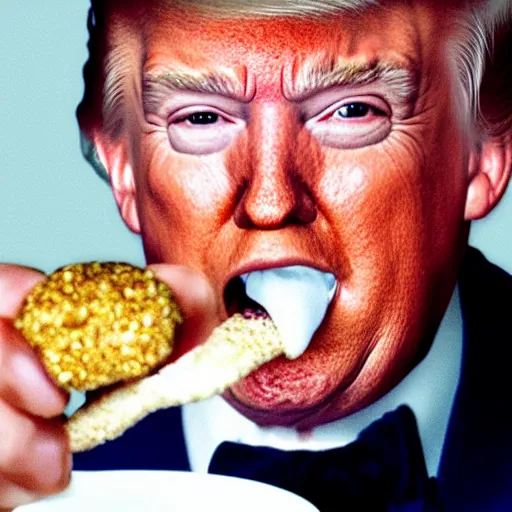 Prompt: close - up portrait of donald trump eating a small nuclear bomb, by annie liebowitz