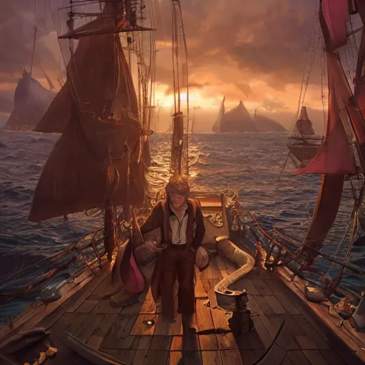 Image similar to bill gates on a pirate ship, highly detailed vfx portrait, unreal engine, greg rutkowski, loish, rhads, caspar david friedrich, makoto shinkai and lois van baarle, ilya kuvshinov, rossdraws, elegent, tom bagshaw, alphonse mucha, global illumination, detailed and intricate environment.