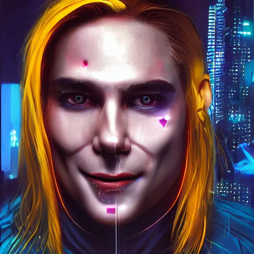 Image similar to cyberpunk, closeup portrait of a cyberpunk entertainer, hologram, blond hair, grey eyes, sadistic smile, delicate jaw, dramatic light, city background, sunset, dystopian setting, high contrast, sharp, neuromancer, peter riviera, painted by stanley lau, painted by greg rutkowski, painted by stanley artgerm, digital art, trending on artstation