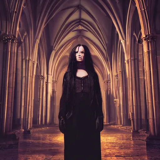 Image similar to a portrait of a sad cyberpunk long black hair women standing in a gothic catedral, soft lighting, golden hour, ahestetic, very detailed, super detailed, extremely beautiful,