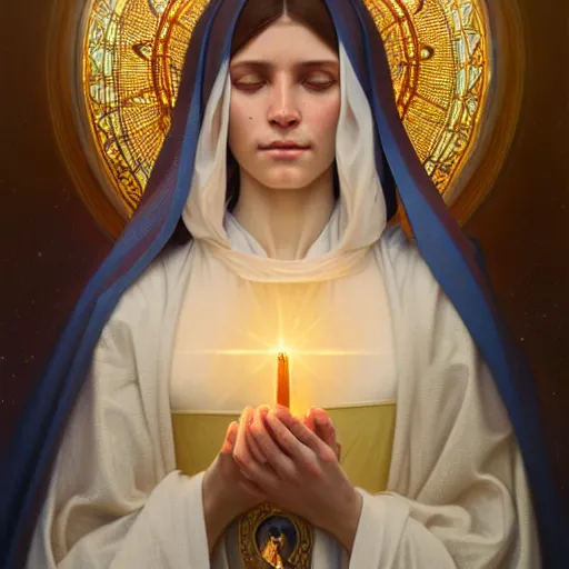 Prompt: portrait painting of a our lady of fatima, ultra realistic, concept art, intricate details, highly detailed, photorealistic, octane render, 8 k, unreal engine. art by artgerm and greg rutkowski and magali villeneuve and alphonse mucha