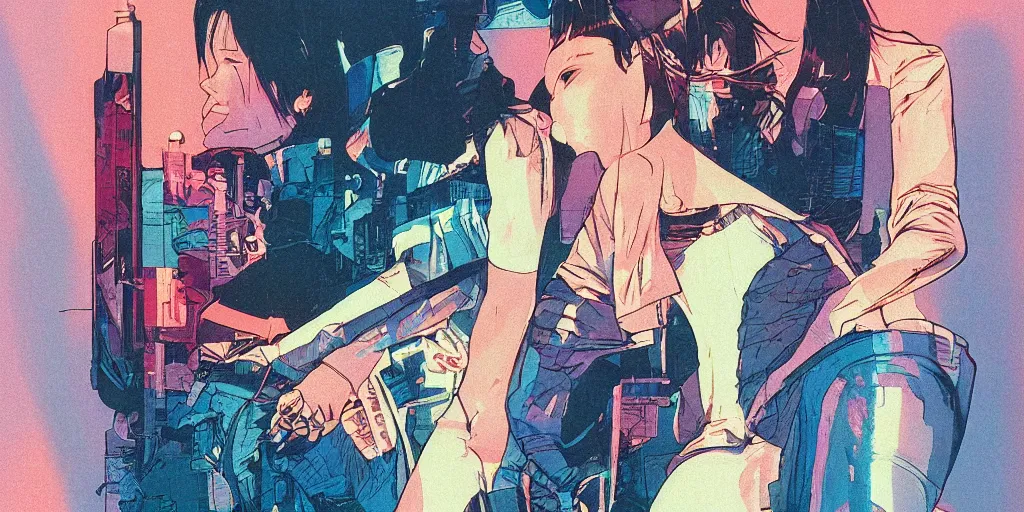 Prompt: a close - up grainy risograph of cyberpunk japanese model girl glance matte poster, cellophane accessories, transparent clothes blue hour, twilight, by moebius and lehr paul