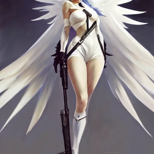 Image similar to greg manchess painting of a 2 yorha type a no. 2 as mercy from overwatch!!, white long hair, large white wings, organic painting, trending on artstation, by huang guangjian and gil elvgren and sachin teng