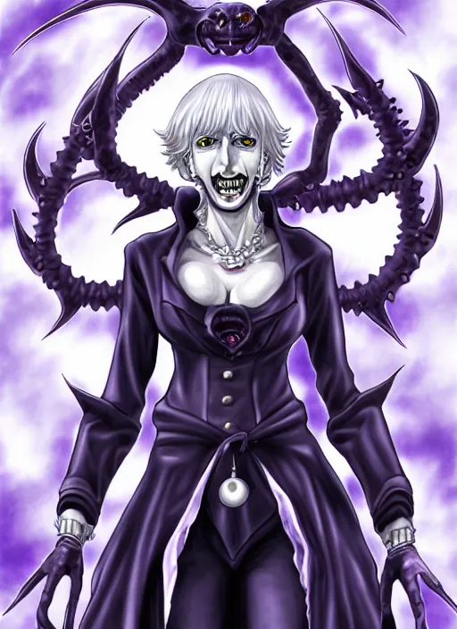 Image similar to shin megami tensei art of a demon called margaret thatcher, art by kazuma kaneko, demonic! compedium!, digital drawing, law - alligned, white background, high quality, highly detailed