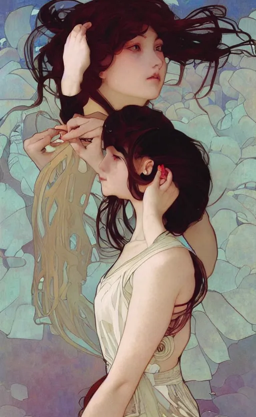 Image similar to egirl!!!!! aesthetic!!!! girl painting by tran nguyen ilya kuvshinov ( ( ( alphonse mucha ) ) ) and greg rutkowski