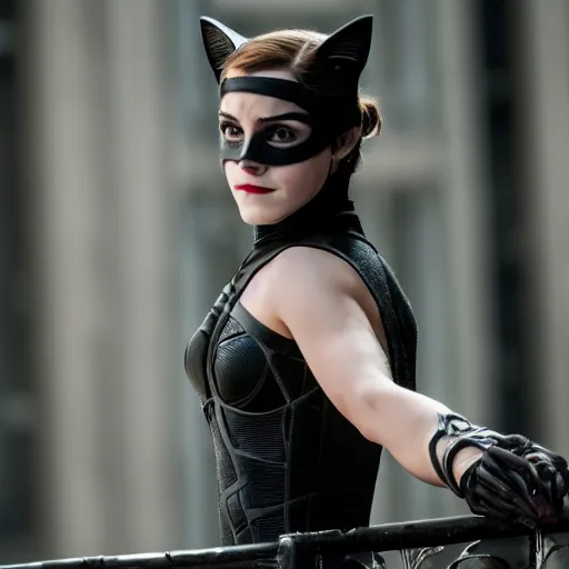 Prompt: Emma Watson as Catwoman, Fujifilm X-T3, 1/1250s at f/2.8, ISO 160, 84mm, 8K, RAW, symmetrical balance, Dolby Vision, HDR, Gigapixel