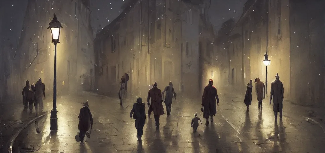 Prompt: a painting of a group of people walking down an old cobbled street at night with street lamps and houses, by Sergey Kolesov, Stanley Artgermm, Tom Bagshaw, Greg Rutkowski, Carne Griffiths, trending on Artstation, 8k, masterpiece, graffiti paint, dishonored, fine detail, full of color, intricate detail