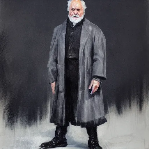 Prompt: full figure full length body portrait of an old stooped manservant grey hair with full length black coat, black boots, painting by james guthrie, digital painting, realistic, hyper realistic, photorealism, expressive emotions, octane render