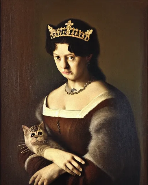 Prompt: portrait of a cat wearing a tiara, in the style of the dutch masters and gregory crewdson, dark and moody