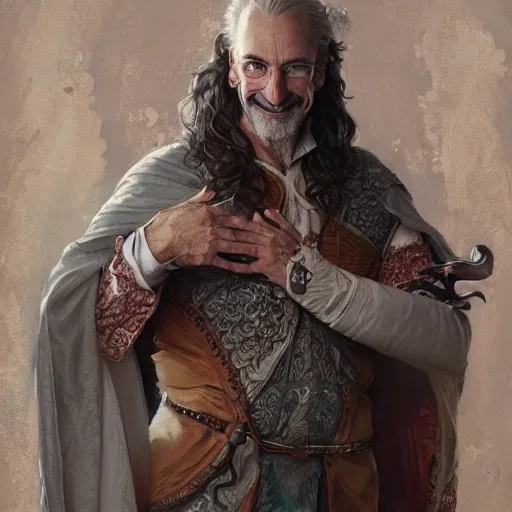 Image similar to patch adams as a cleric, d & d, fantasy, intricate, elegant, highly detailed, digital painting, artstation, concept art, matte, sharp focus, illustration, art by greg rutkowski and alphonse mucha