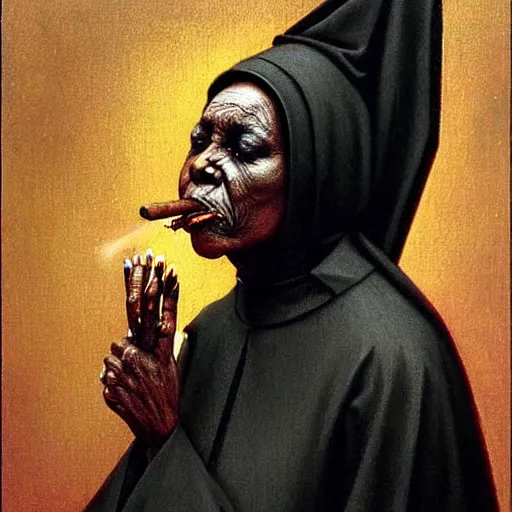 Prompt: a black nun wearing shiny jewelry, she's smoking a cigar and puffing smoke, by Beksinski