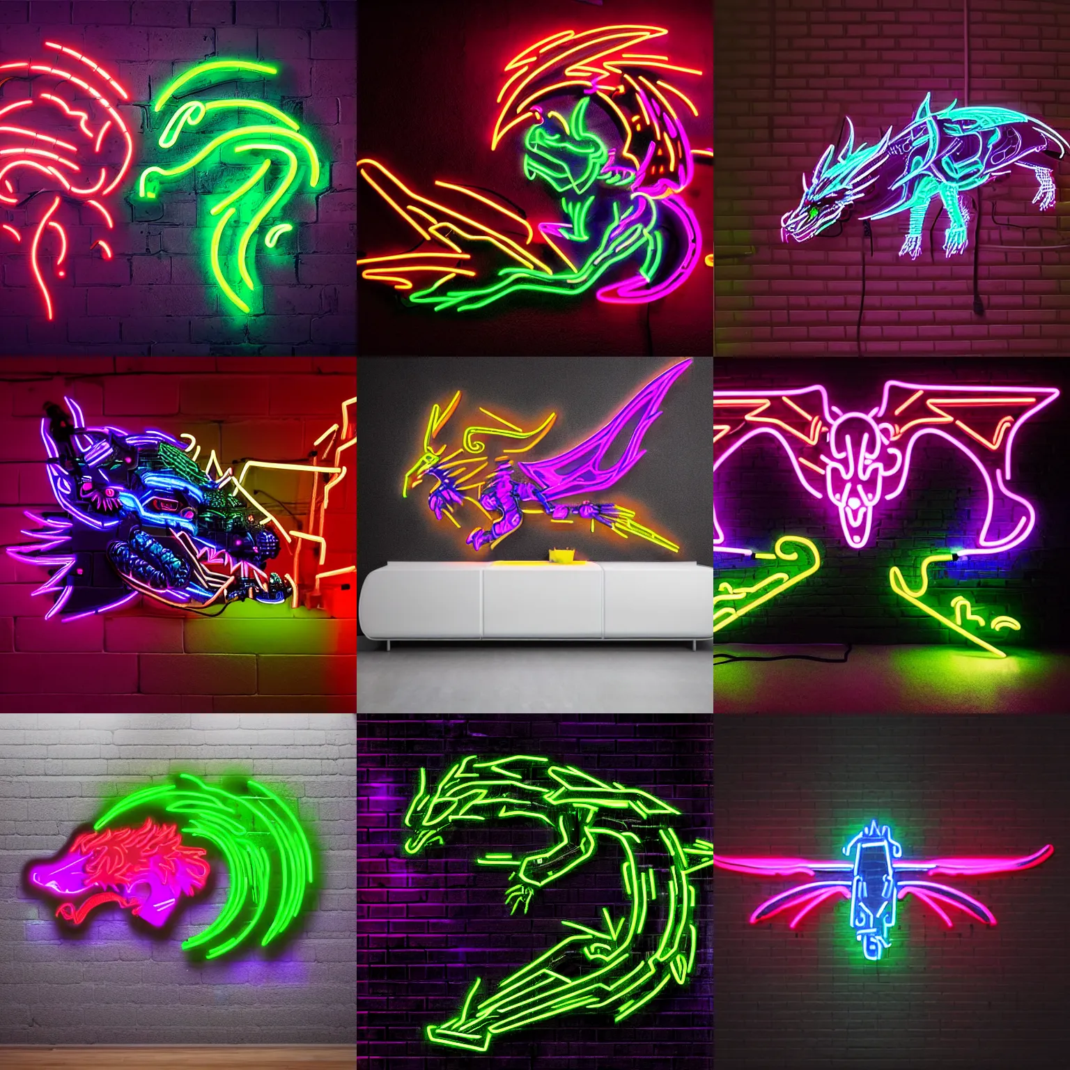 Prompt: 2D cyberpunk cyborg dragon in neon light on a black wall